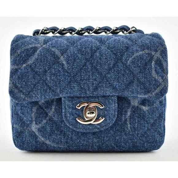 Chanel 20B Blue Denim Mini Square CC Logo Quilted Silver Chain Crossbody Bag - Picture 1 of 12
